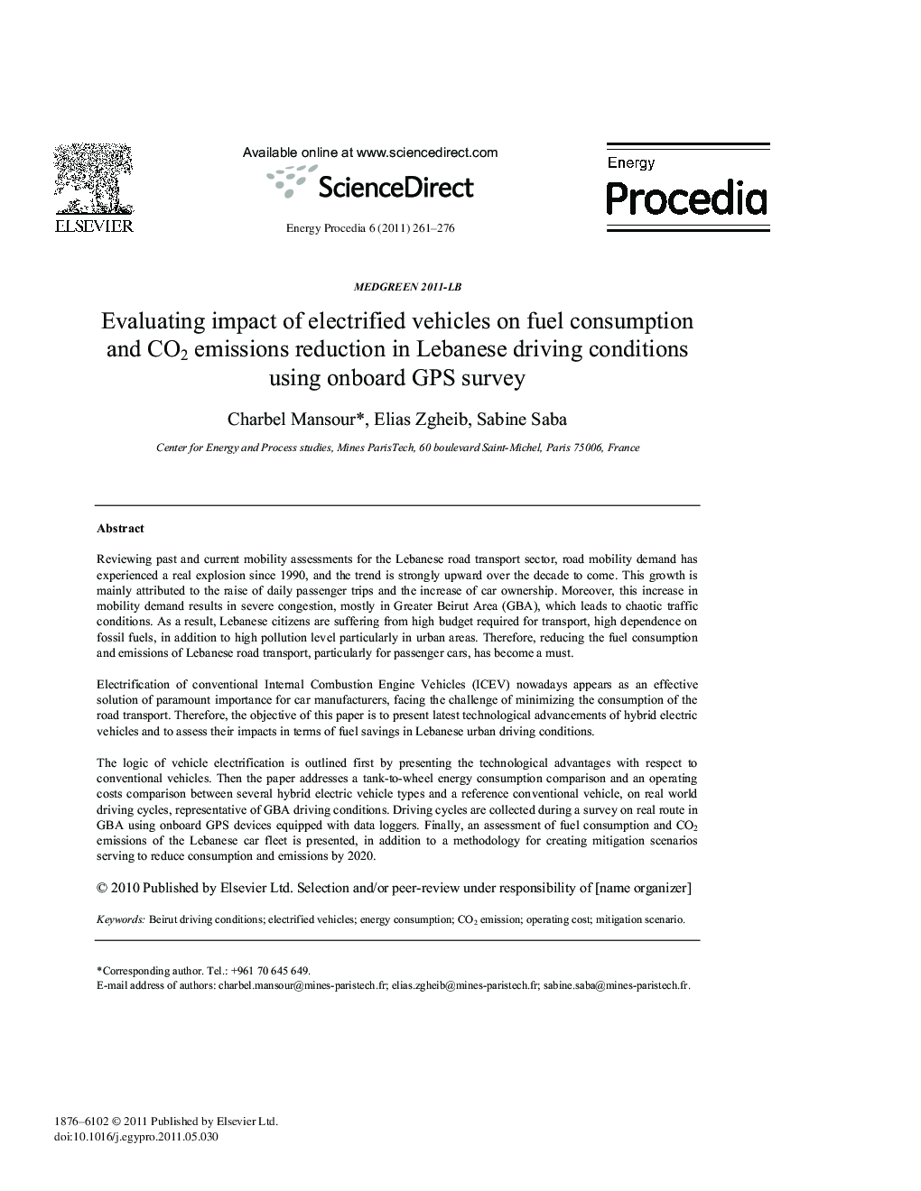 Evaluating impact of electrified vehicles on fuel consumption and CO2 emissions reduction in Lebanese driving conditions using onboard GPS survey