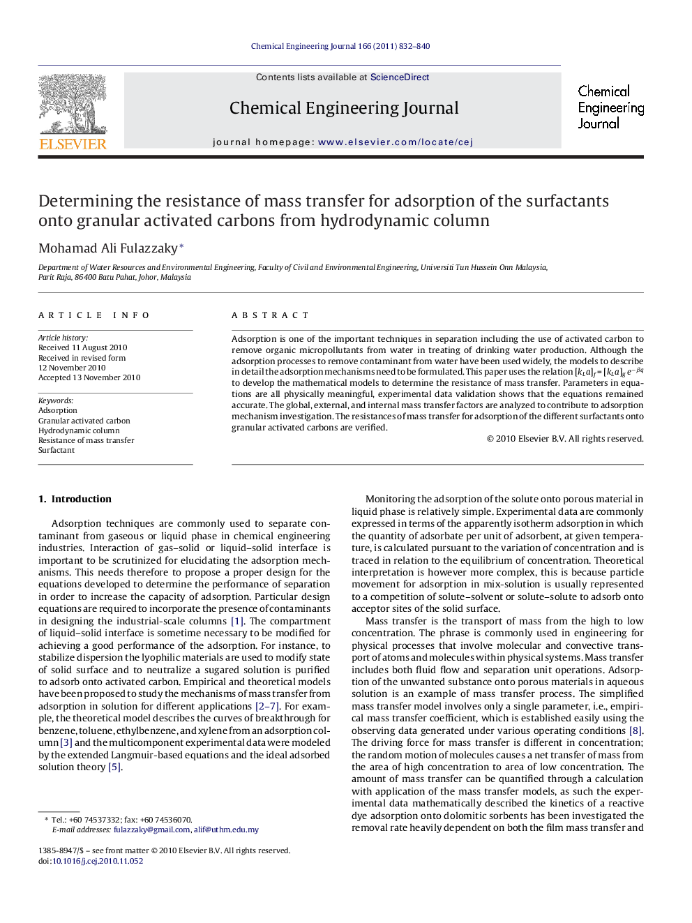 Determining the resistance of mass transfer for adsorption of the surfactants onto granular activated carbons from hydrodynamic column