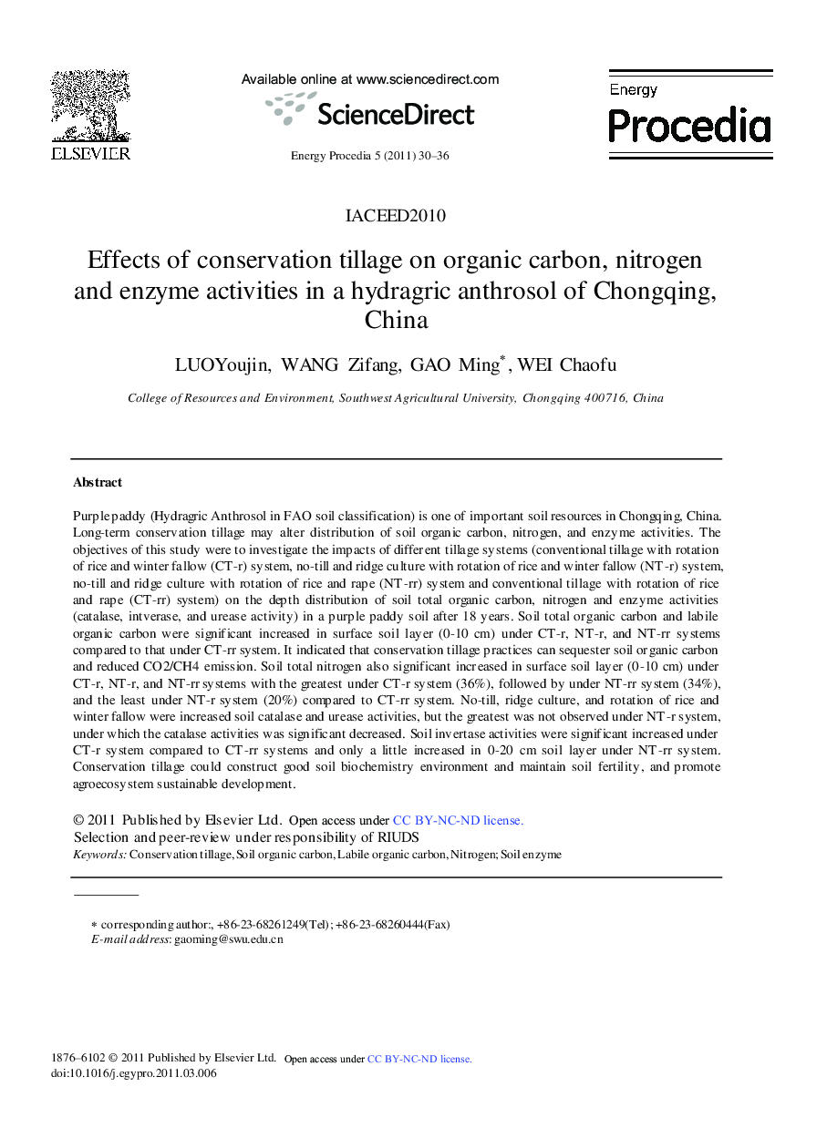 عکس صفحه اول مقاله: Effects of conservation tillage on organic carbon, nitrogen and enzyme activities in a hydragric anthrosol of Chongqing, China Effects of conservation tillage on organic carbon, nitrogen and enzyme activities in a hydragric anthrosol of Chongqing, China