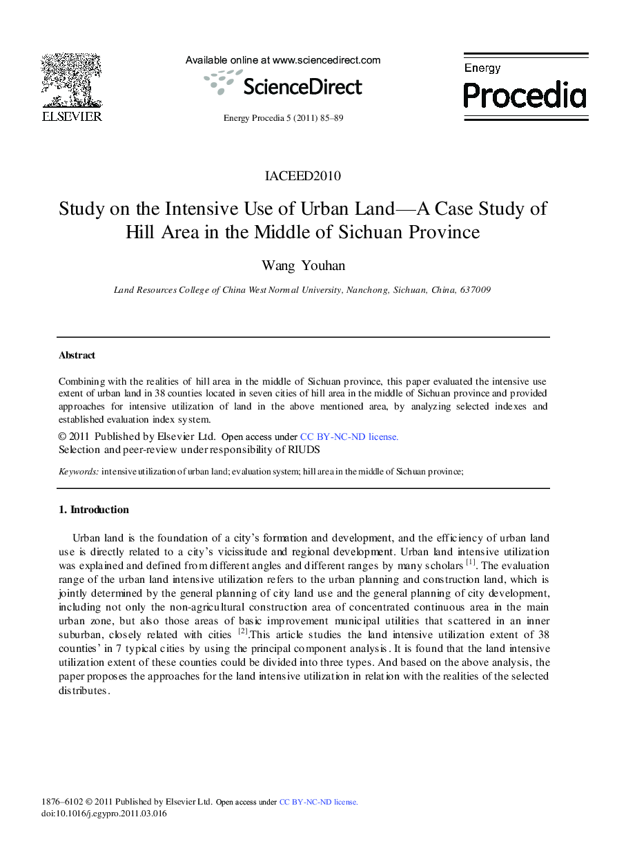 عکس صفحه اول مقاله: Study on the Intensive Use of Urban Land—A Case Study of Hill Area in the Middle of Sichuan Province Study on the Intensive Use of Urban Land—A Case Study of Hill Area in the Middle of Sichuan Province