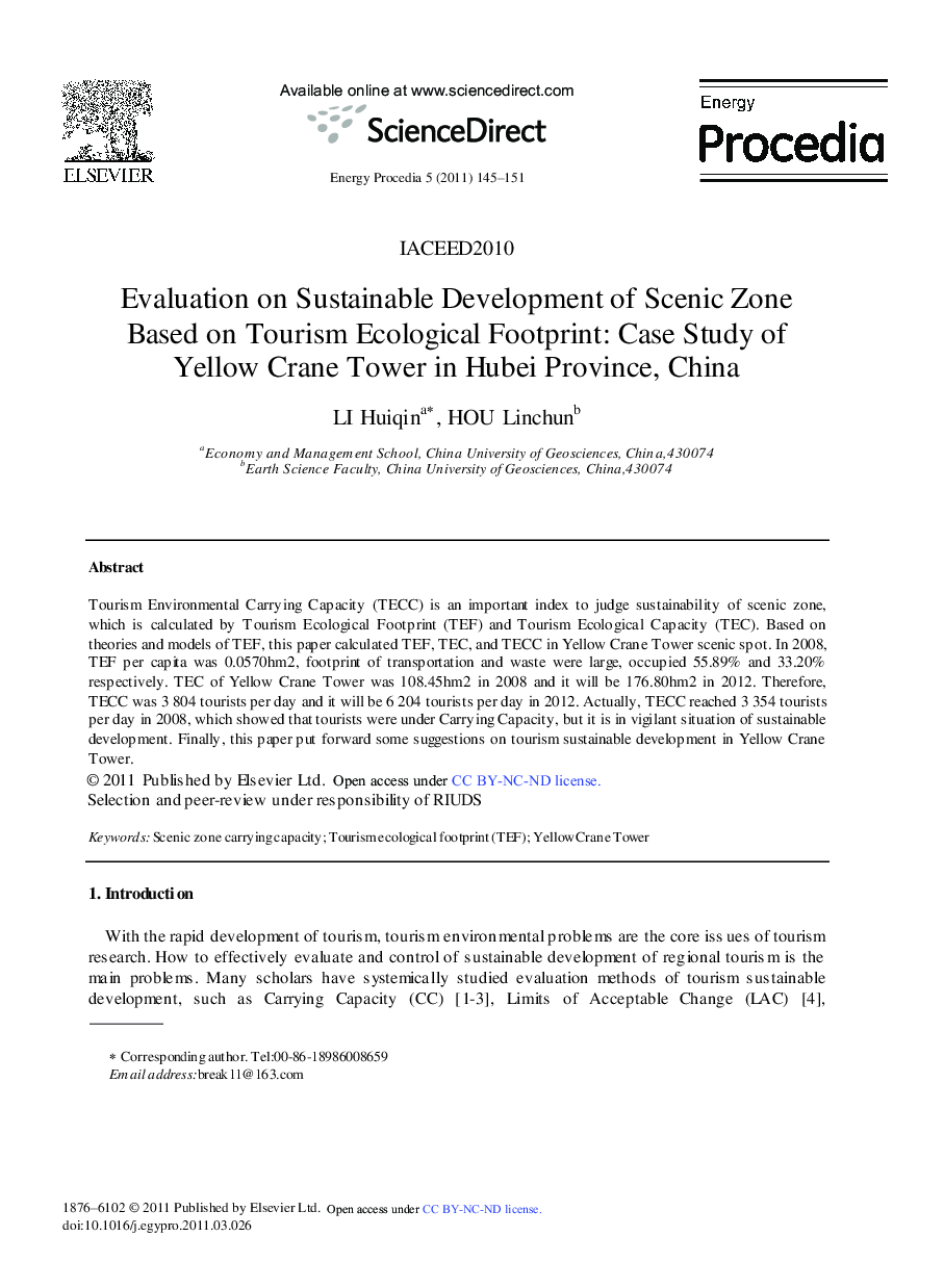 عکس صفحه اول مقاله: Evaluation on Sustainable Development of Scenic Zone Based on Tourism Ecological Footprint: Case Study of Yellow Crane Tower in Hubei Province, China Evaluation on Sustainable Development of Scenic Zone Based on Tourism Ecological Footprint: Case Study of Yellow Crane Tower in Hubei Province, China