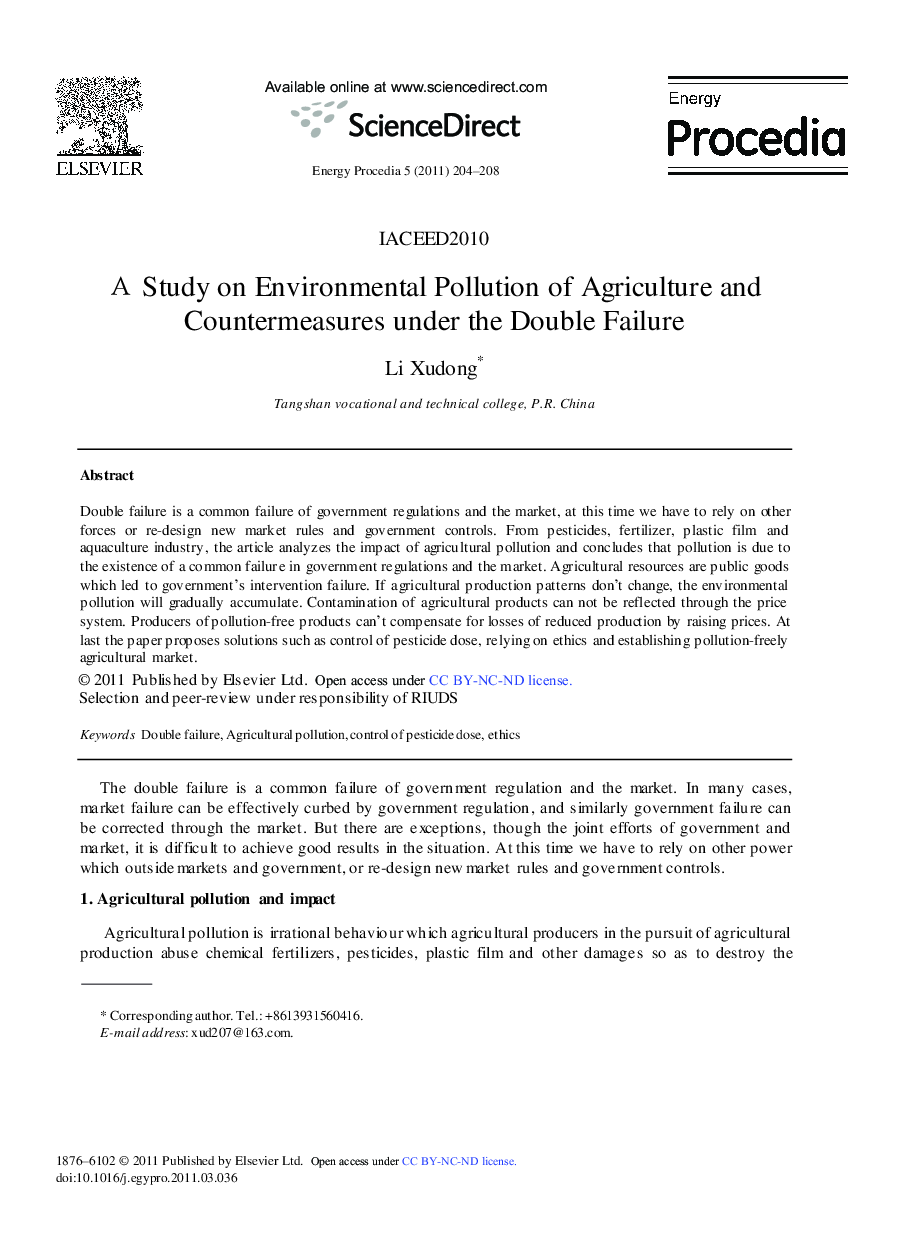 عکس صفحه اول مقاله: A Study on Environmental Pollution of Agriculture and Countermeasures under the Double Failure A Study on Environmental Pollution of Agriculture and Countermeasures under the Double Failure