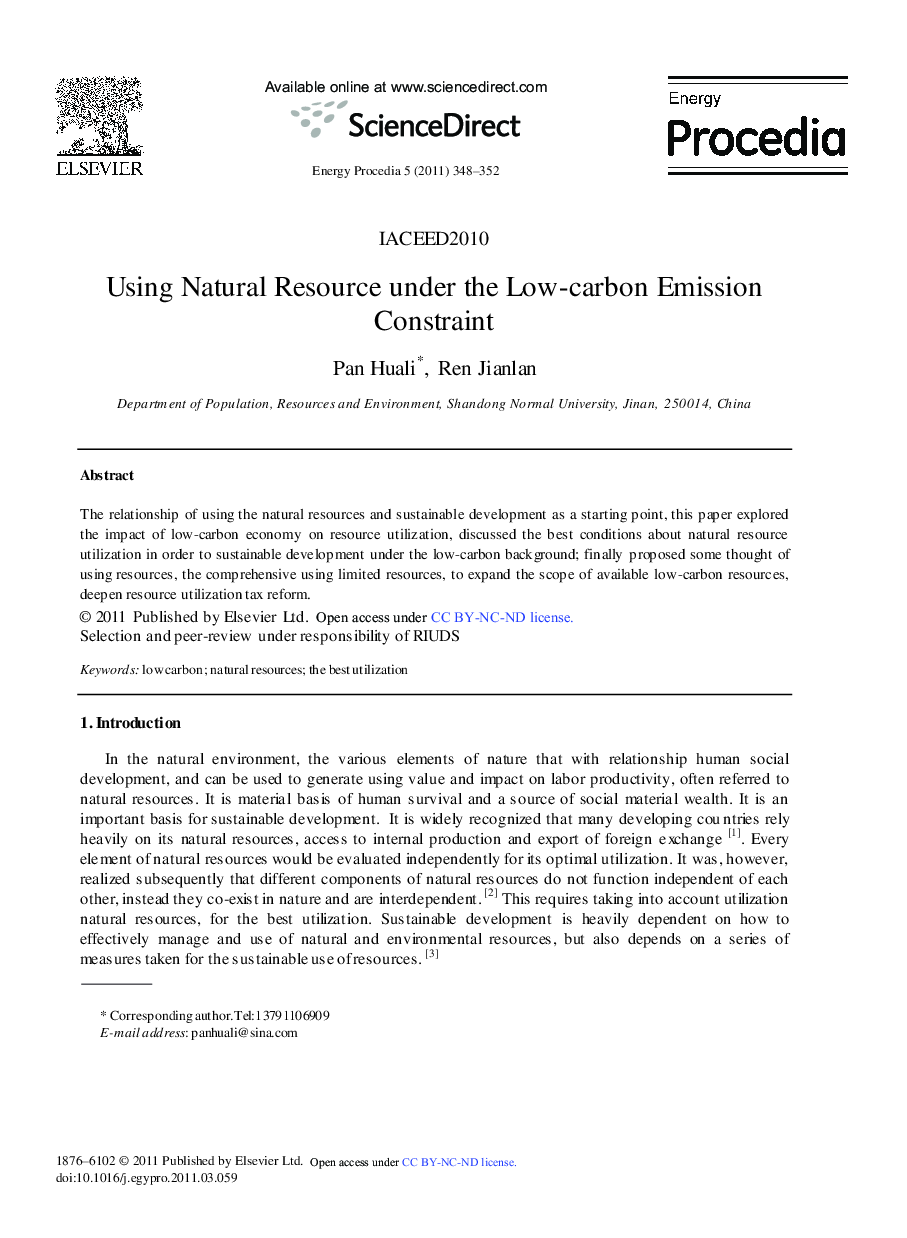 عکس صفحه اول مقاله: Using Natural Resource under the Low-carbon Emission Constraint Using Natural Resource under the Low-carbon Emission Constraint