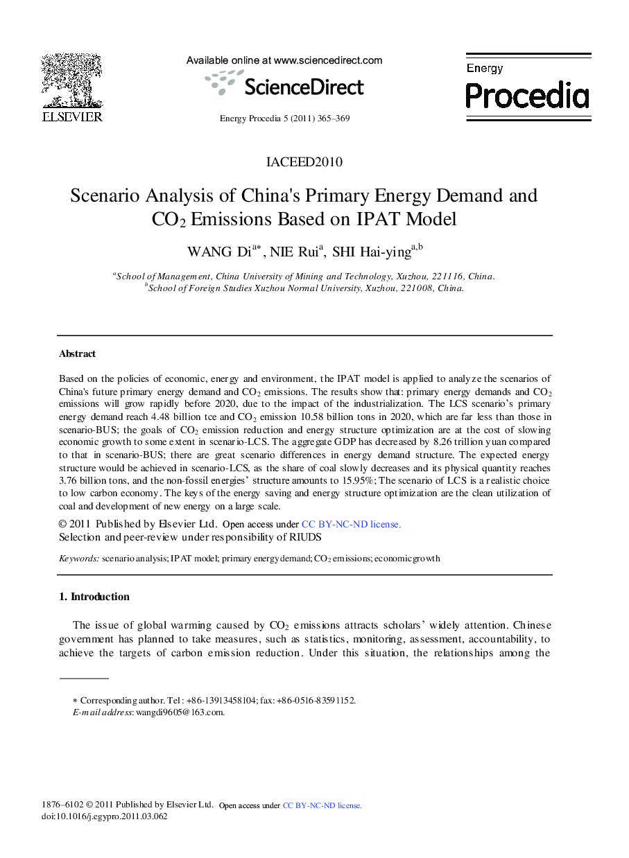 عکس صفحه اول مقاله: Scenario Analysis of China's Primary Energy Demand and CO2 Emissions Based on IPAT Model Scenario Analysis of China's Primary Energy Demand and CO2 Emissions Based on IPAT Model