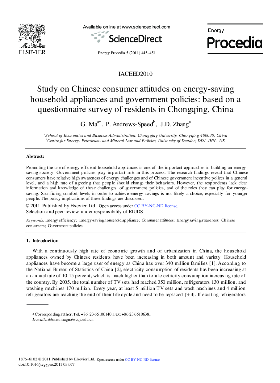 عکس صفحه اول مقاله: Study on Chinese consumer attitudes on energy-saving household appliances and government policies: based on a questionnaire survey of residents in Chongqing, China Study on Chinese consumer attitudes on energy-saving household appliances and government policies: based on a questionnaire survey of residents in Chongqing, China