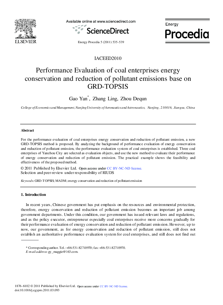 عکس صفحه اول مقاله: Performance Evaluation of coal enterprises energy conservation and reduction of pollutant emissions base on GRD-TOPSIS Performance Evaluation of coal enterprises energy conservation and reduction of pollutant emissions base on GRD-TOPSIS