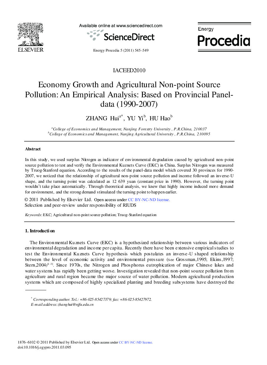 عکس صفحه اول مقاله: Economy Growth and Agricultural Non-point Source Pollution: An Empirical Analysis: Based on Provincial Paneldata (1990-2007) Economy Growth and Agricultural Non-point Source Pollution: An Empirical Analysis: Based on Provincial Paneldata (1990-2007)