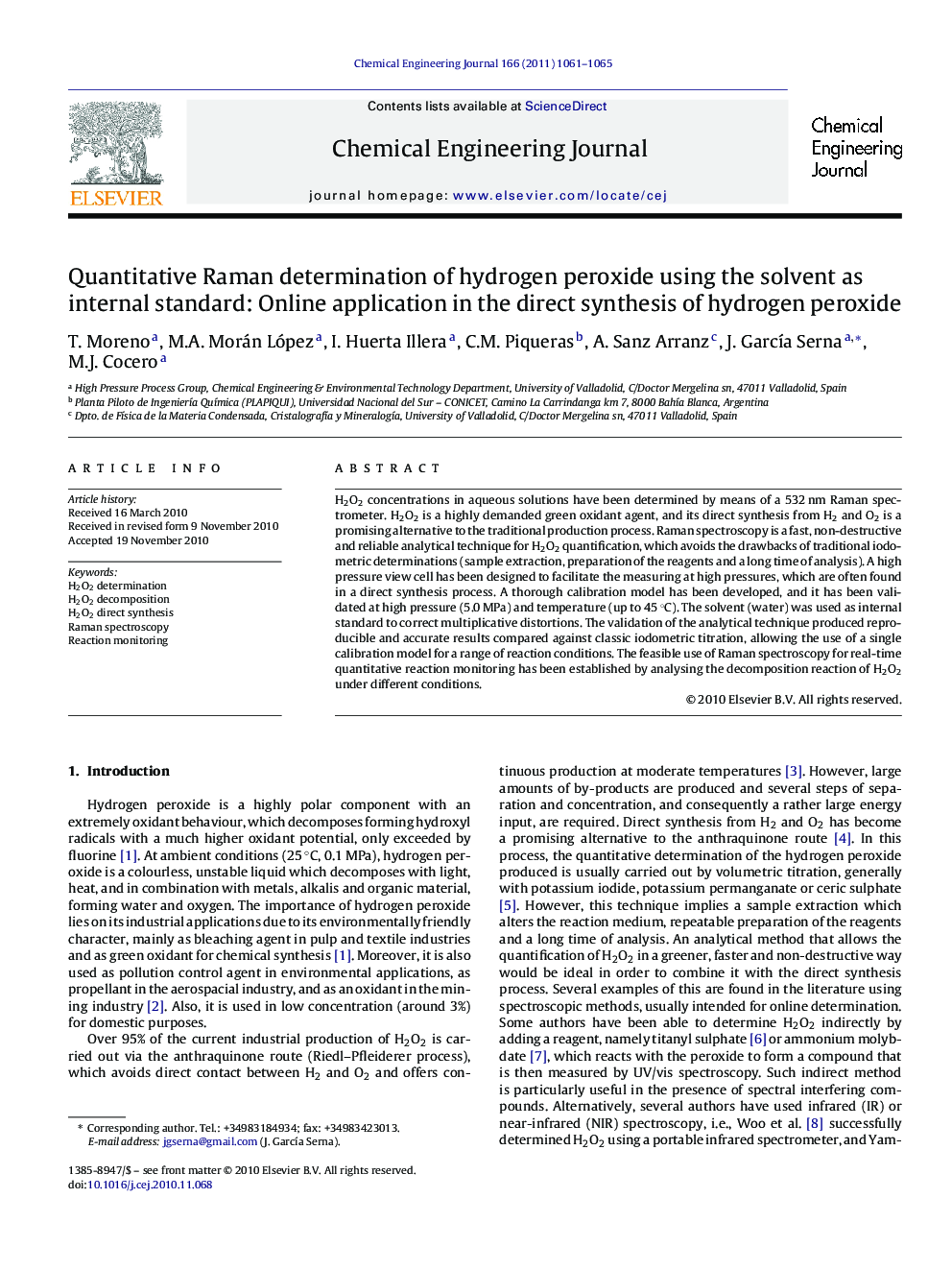 Quantitative Raman determination of hydrogen peroxide using the solvent as internal standard: Online application in the direct synthesis of hydrogen peroxide