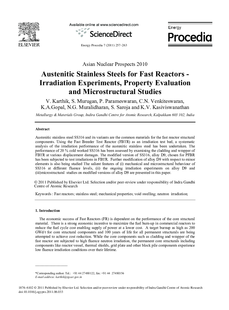 Austenitic Stainless Steels for Fast Reactors -Irradiation Experiments, Property Evaluation and Microstructural Studies