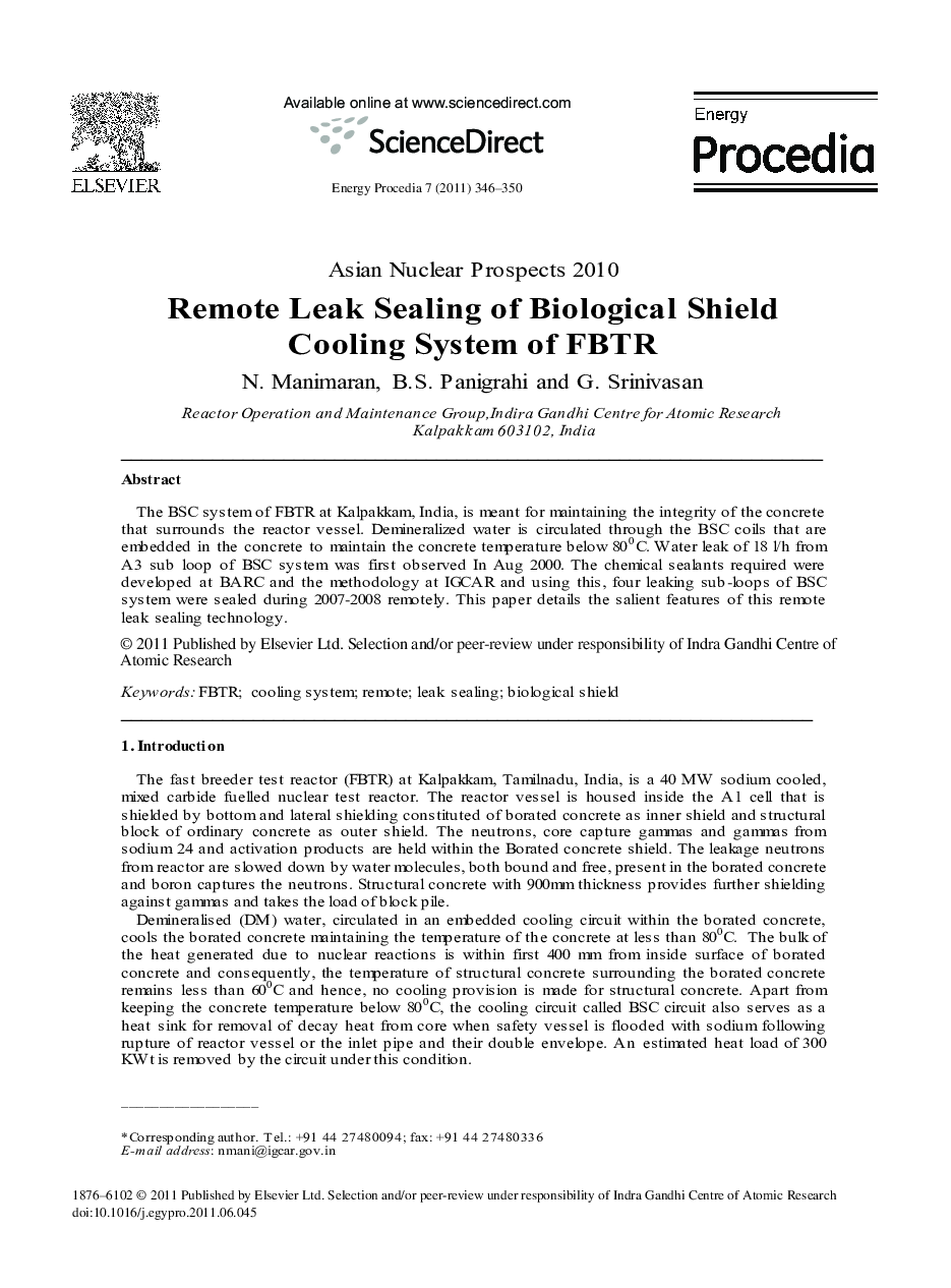 Remote Leak Sealing of Biological Shield Cooling System of FBTR