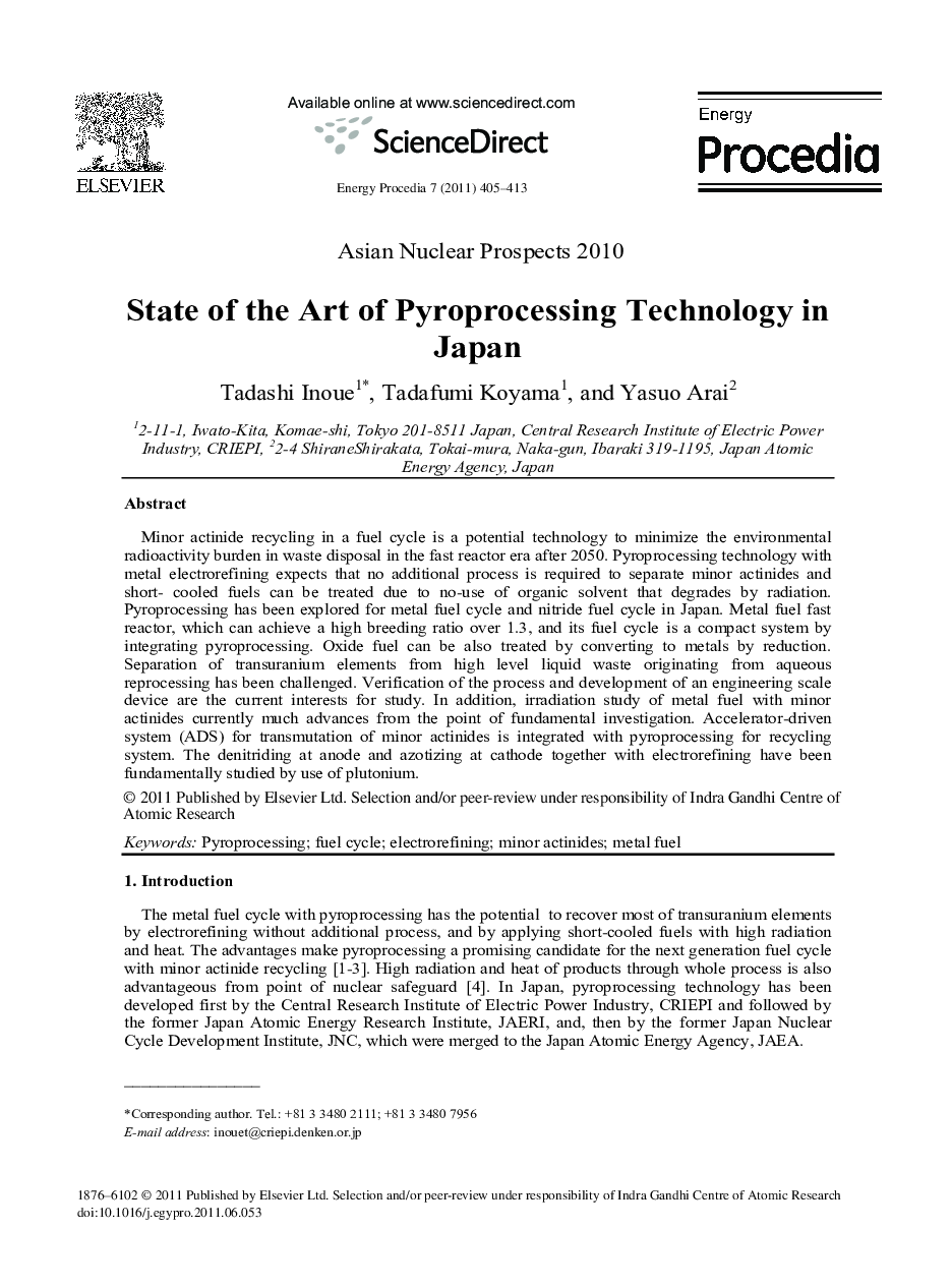 State of the Art of Pyroprocessing Technology in Japan