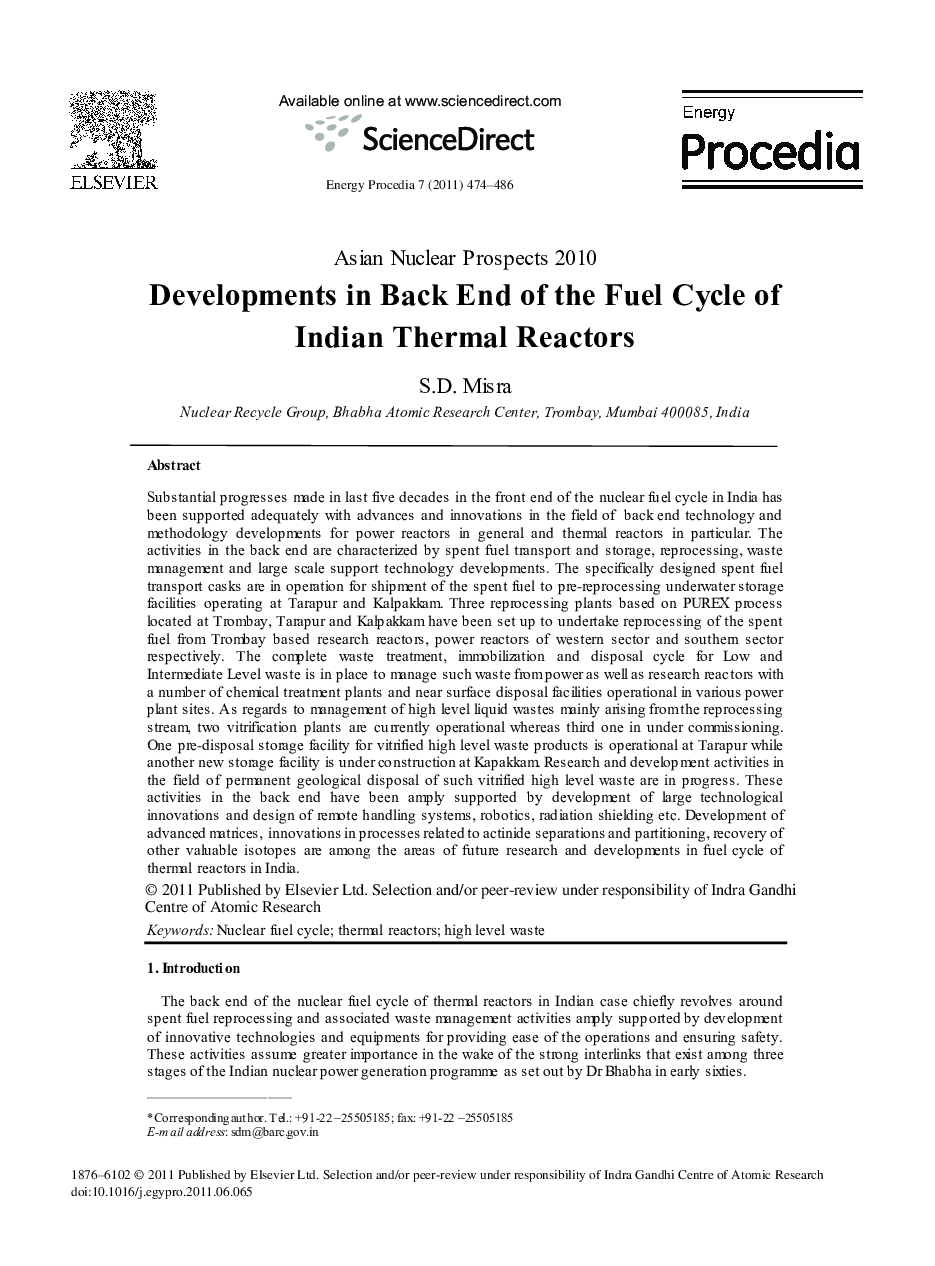 Developments in Back End of the Fuel Cycle of Indian Thermal Reactors