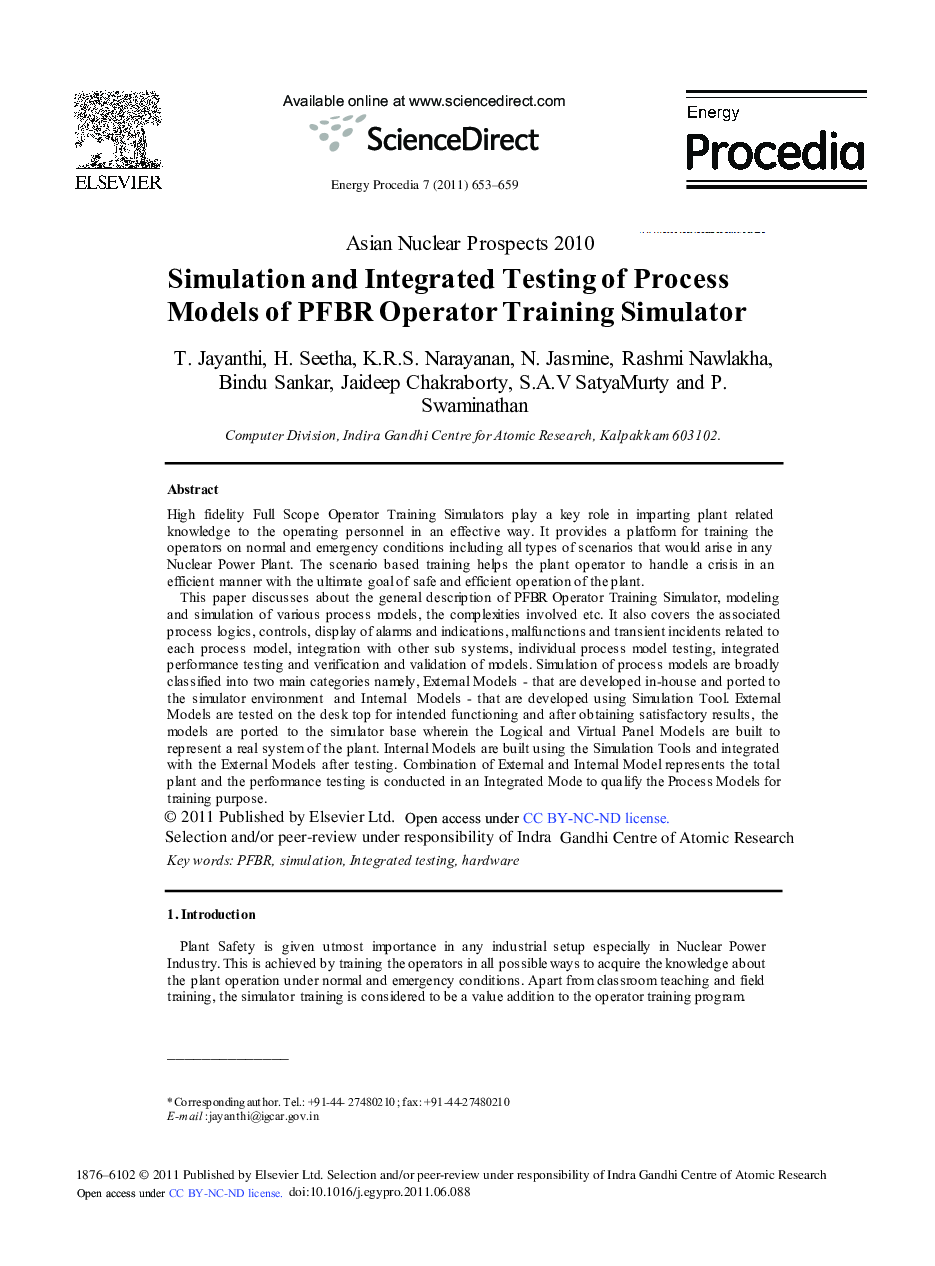 Simulation and Integrated Testing of Process Models of PFBR Operator Training Simulator