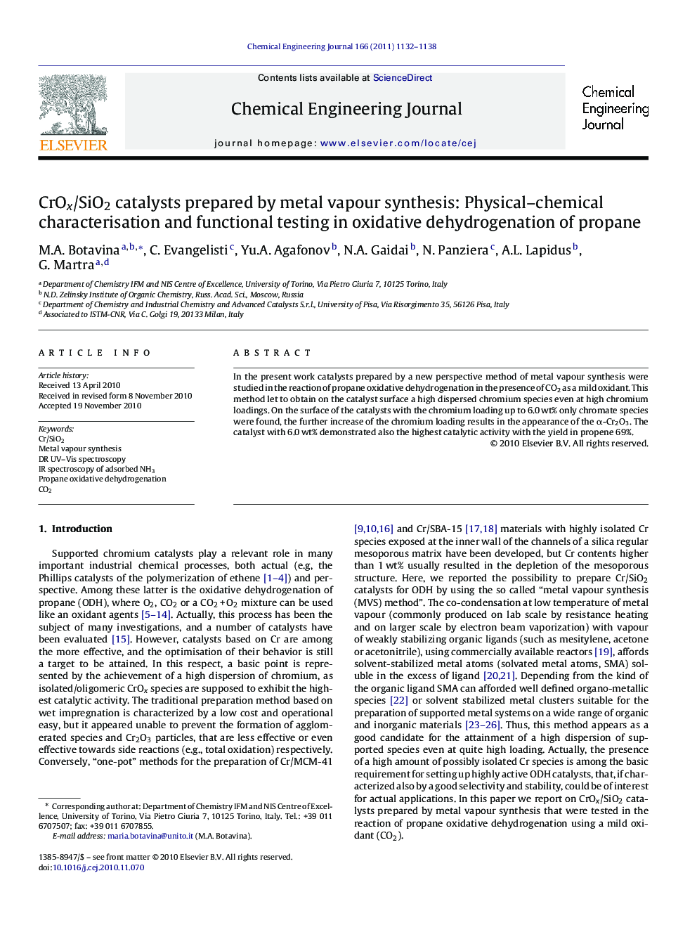 CrOx/SiO2 catalysts prepared by metal vapour synthesis: Physical–chemical characterisation and functional testing in oxidative dehydrogenation of propane