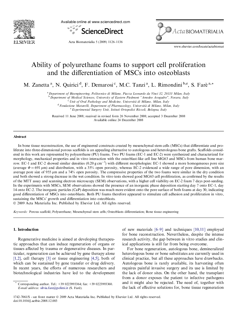 Ability of polyurethane foams to support cell proliferation and the differentiation of MSCs into osteoblasts