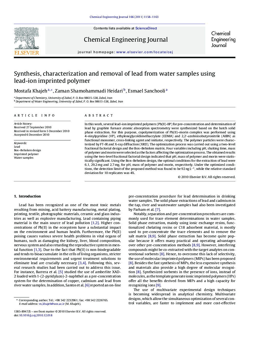 Synthesis, characterization and removal of lead from water samples using lead-ion imprinted polymer