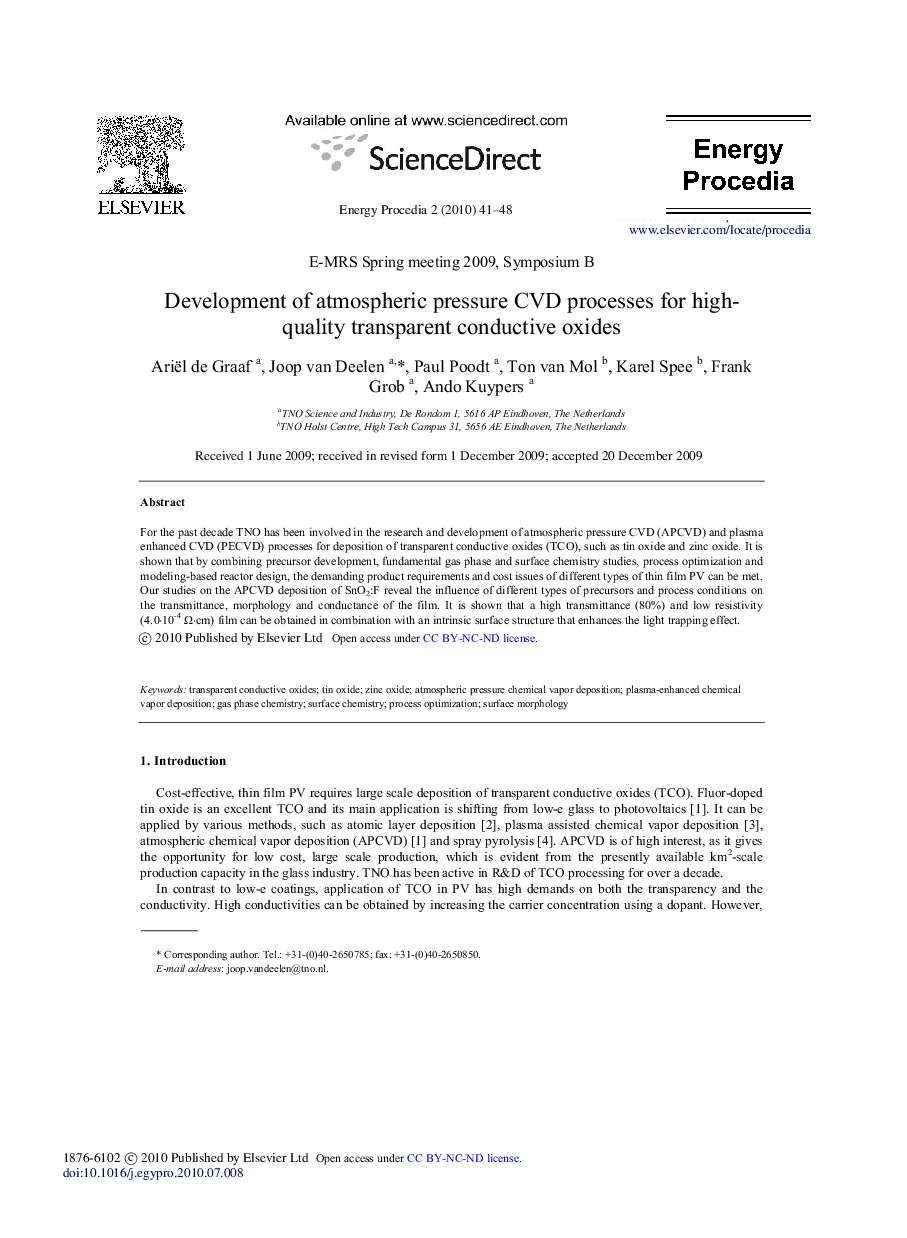 Development of atmospheric pressure CVD processes for highquality transparent conductive oxides