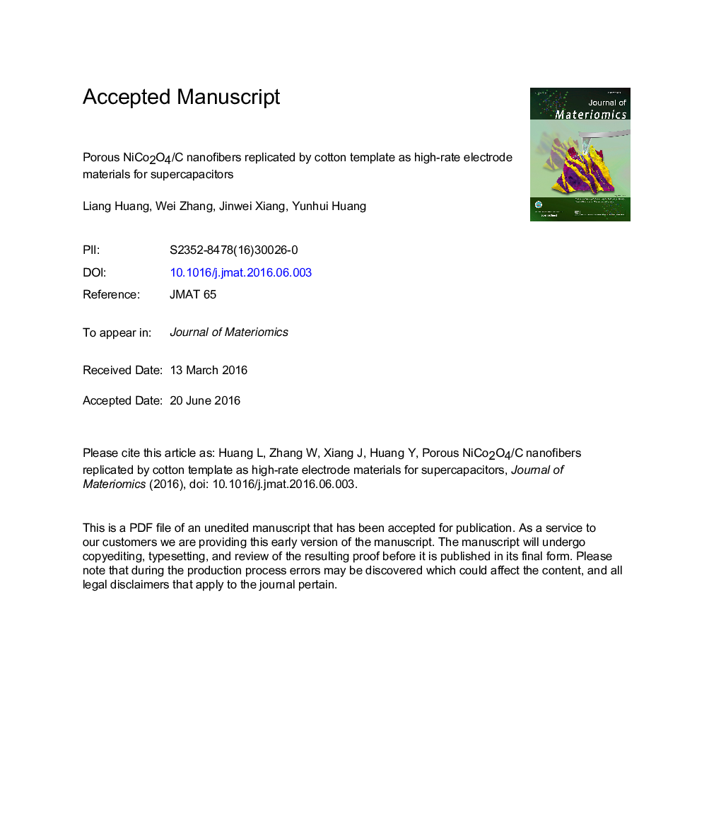 Porous NiCo2O4/C nanofibers replicated by cotton template as high-rate electrode materials for supercapacitors