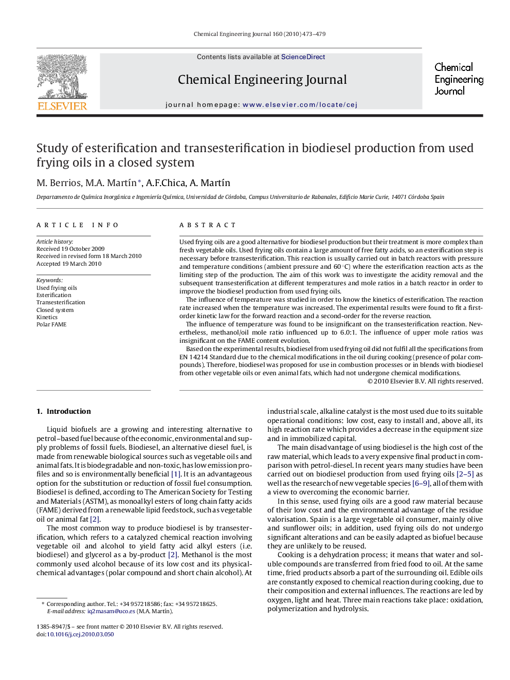 Study of esterification and transesterification in biodiesel production from used frying oils in a closed system