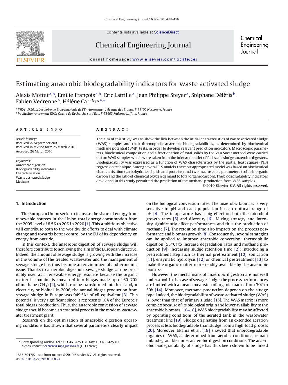 Estimating anaerobic biodegradability indicators for waste activated sludge