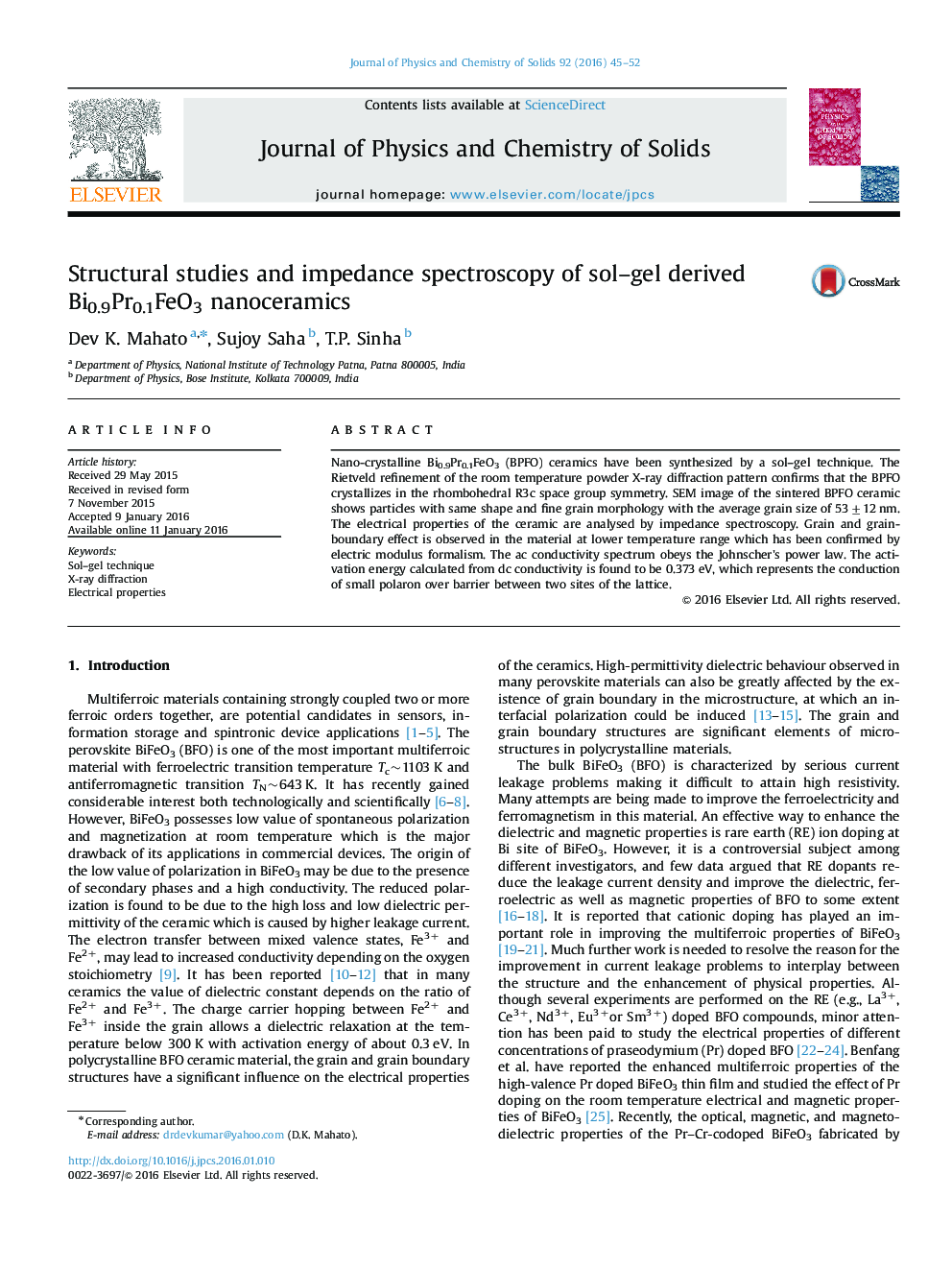 Structural studies and impedance spectroscopy of sol–gel derived Bi0.9Pr0.1FeO3 nanoceramics