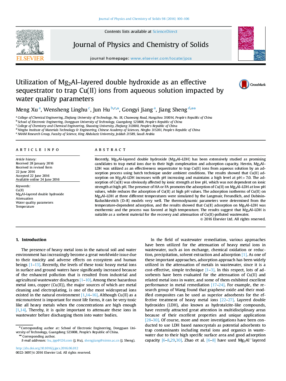 Utilization of Mg2Al-layered double hydroxide as an effective sequestrator to trap Cu(II) ions from aqueous solution impacted by water quality parameters