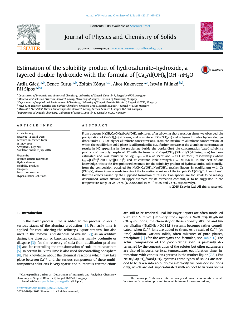 Estimation of the solubility product of hydrocalumite–hydroxide, a layered double hydroxide with the formula of [Ca2Al(OH)6]OH·nH2O