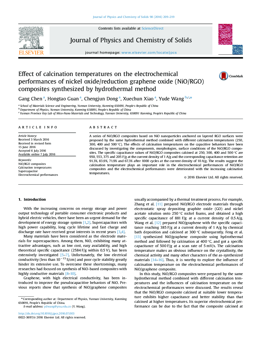 Effect of calcination temperatures on the electrochemical performances of nickel oxide/reduction graphene oxide (NiO/RGO) composites synthesized by hydrothermal method