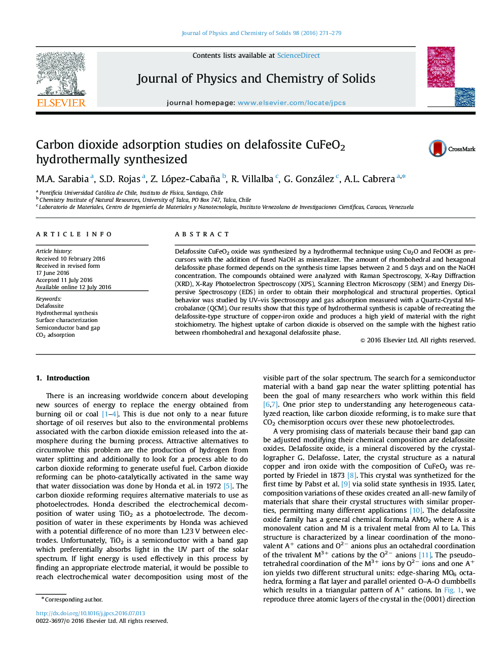 Carbon dioxide adsorption studies on delafossite CuFeO2 hydrothermally synthesized