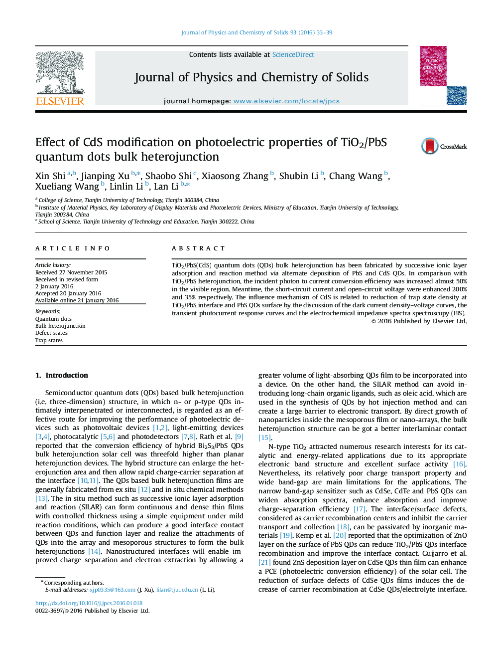 Effect of CdS modification on photoelectric properties of TiO2/PbS quantum dots bulk heterojunction