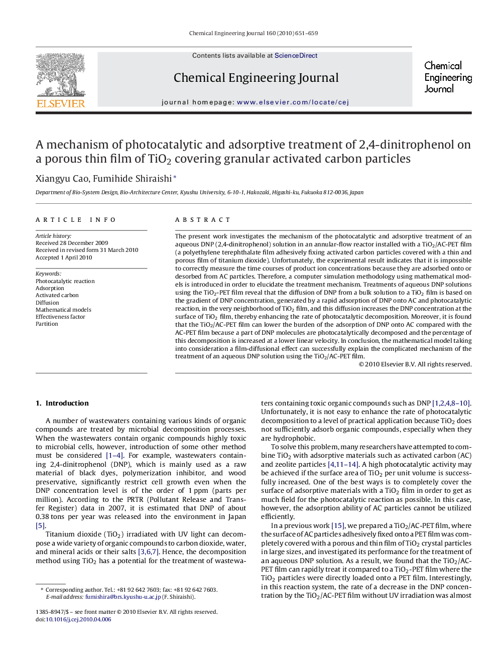 A mechanism of photocatalytic and adsorptive treatment of 2,4-dinitrophenol on a porous thin film of TiO2 covering granular activated carbon particles