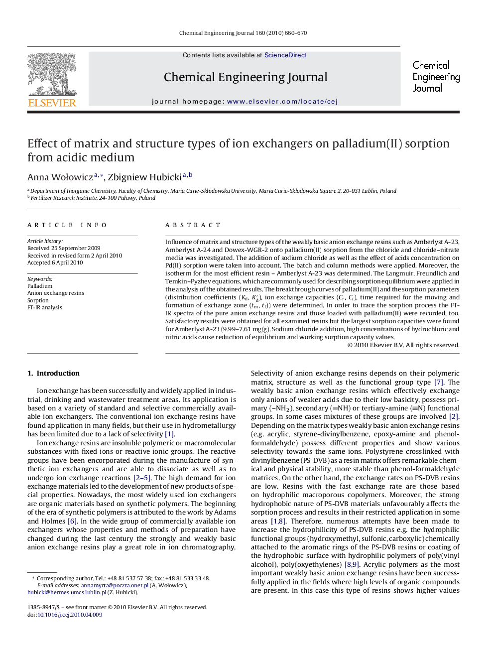 Effect of matrix and structure types of ion exchangers on palladium(II) sorption from acidic medium