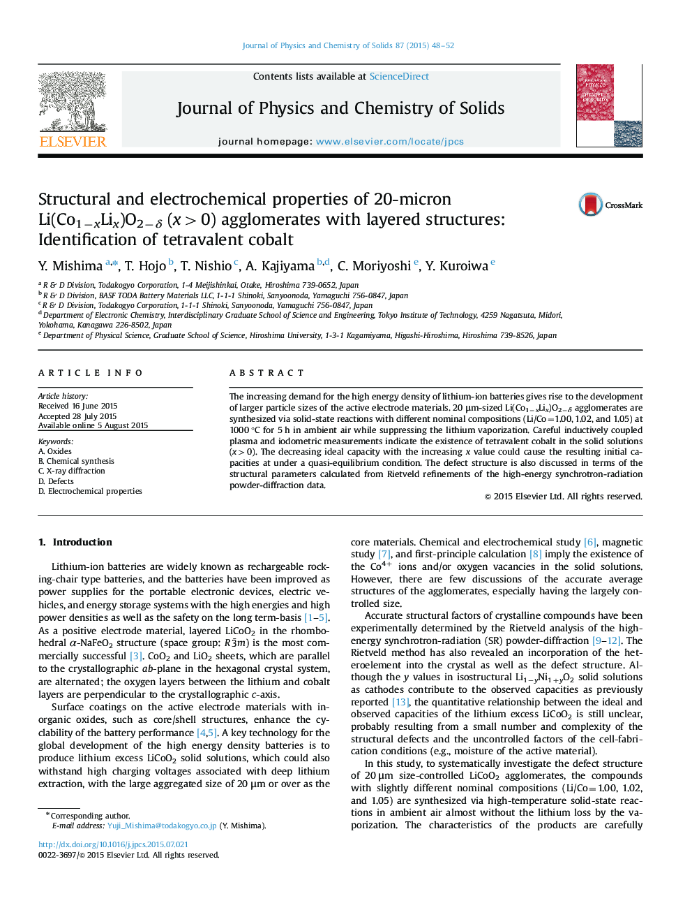 Structural and electrochemical properties of 20-micron Li(Co1âxLix)O2âÎ´ (x>0) agglomerates with layered structures: Identification of tetravalent cobalt