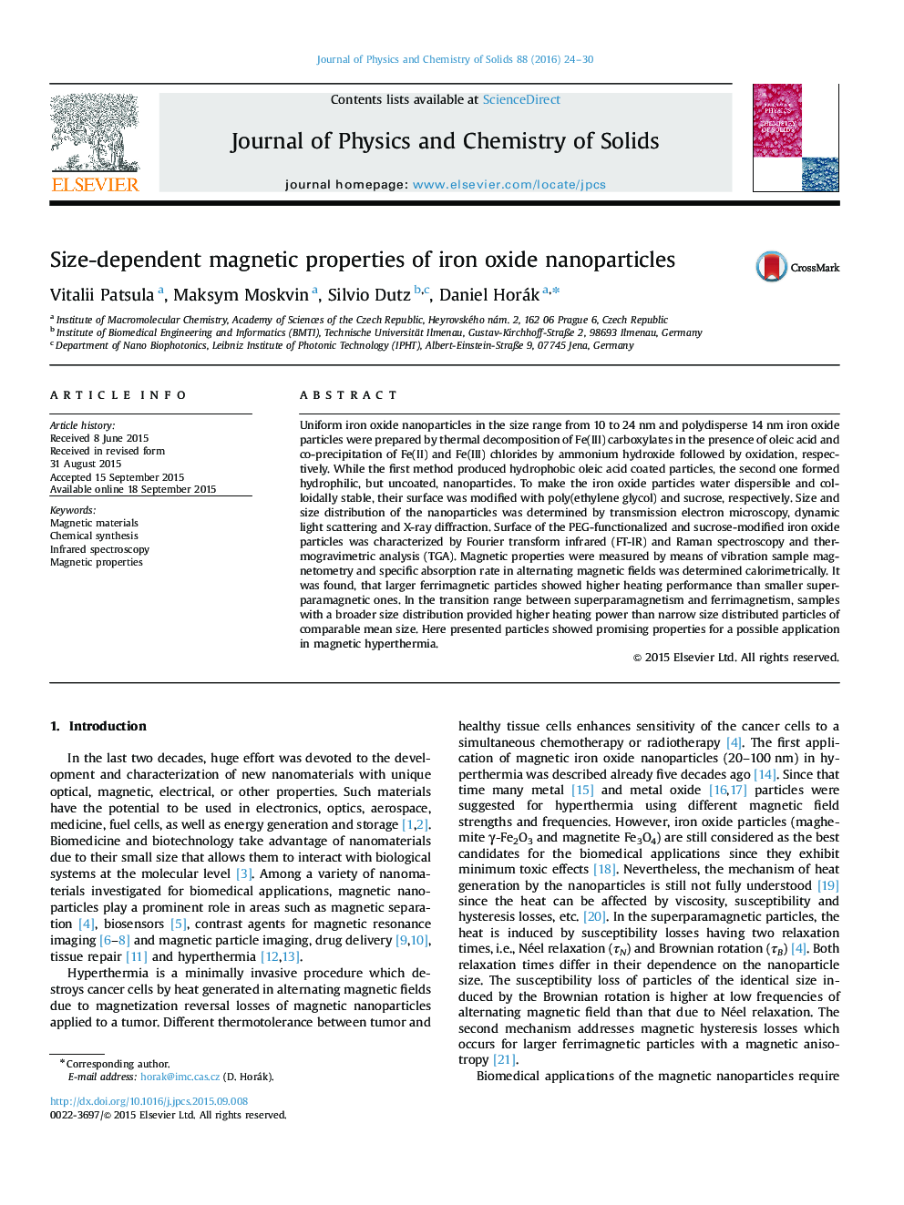 Size-dependent magnetic properties of iron oxide nanoparticles