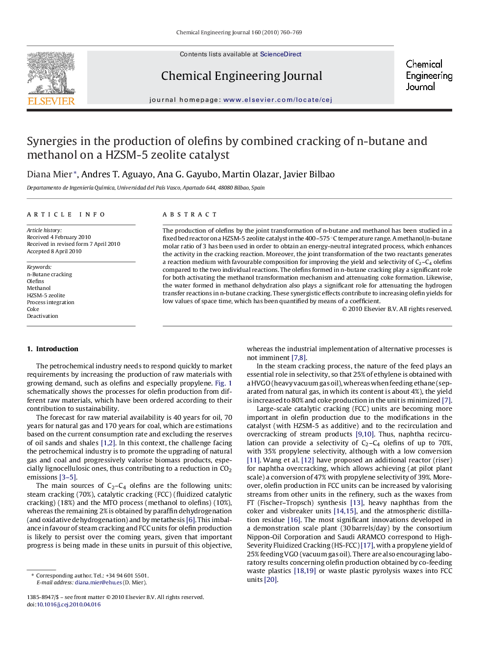 Synergies in the production of olefins by combined cracking of n-butane and methanol on a HZSM-5 zeolite catalyst