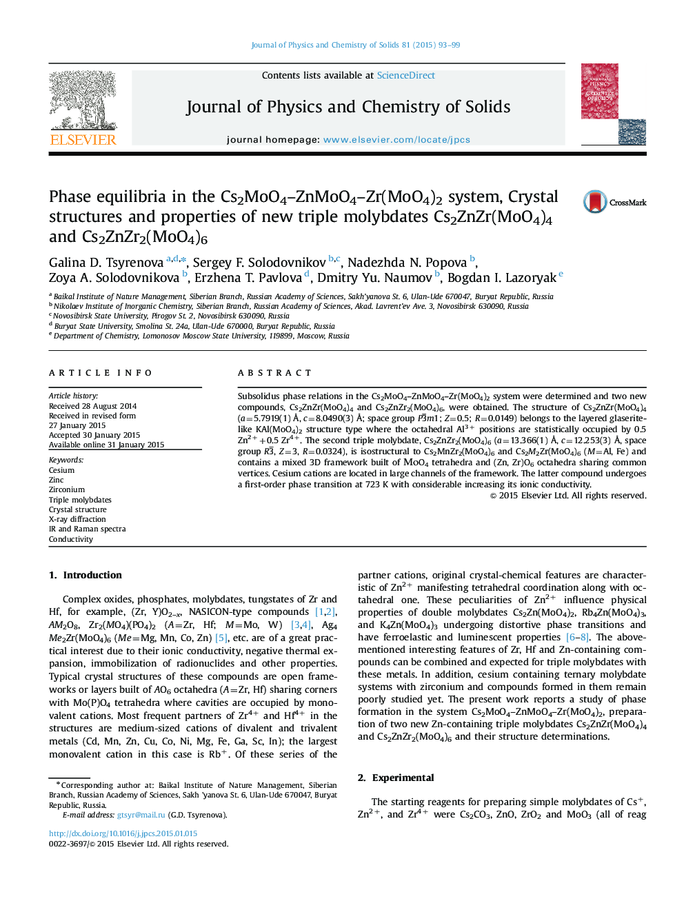 Phase equilibria in the Cs2MoO4–ZnMoO4–Zr(MoO4)2 system, Crystal structures and properties of new triple molybdates Cs2ZnZr(MoO4)4 and Cs2ZnZr2(MoO4)6