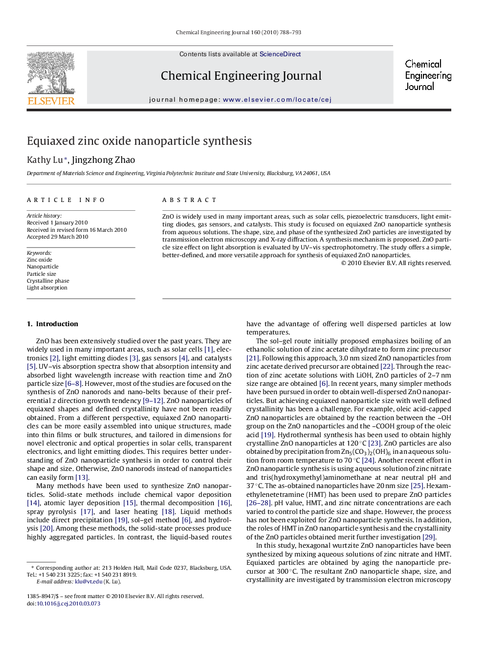 عکس صفحه اول مقاله: Equiaxed zinc oxide nanoparticle synthesis Equiaxed zinc oxide nanoparticle synthesis