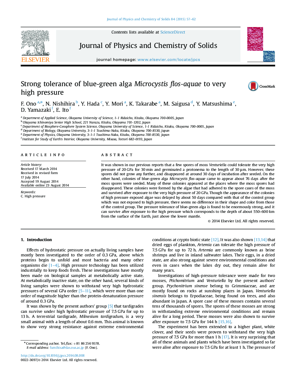 Strong tolerance of blue-green alga Microcystis flos-aquae to very high pressure