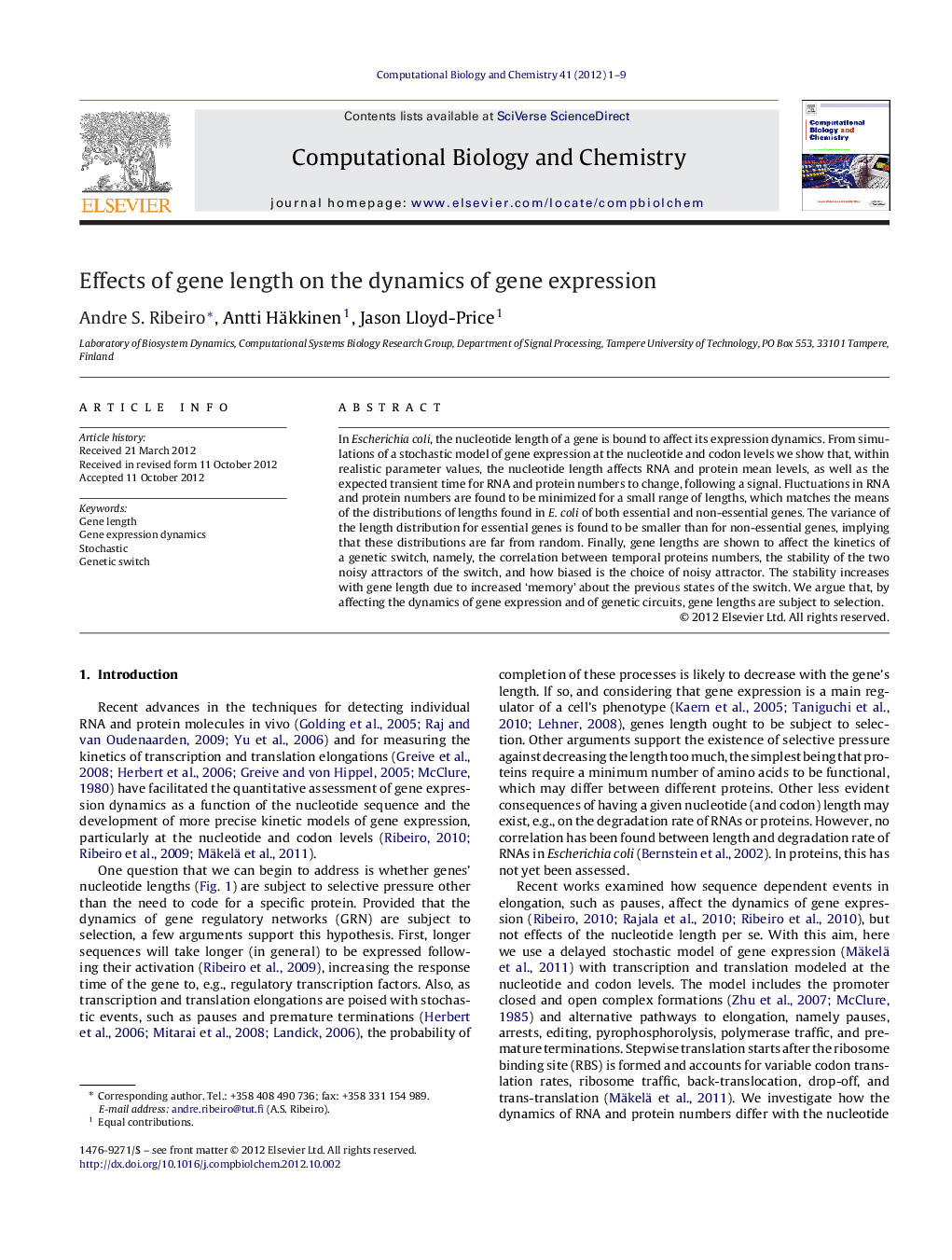 عکس صفحه اول مقاله: Effects of gene length on the dynamics of gene expression Effects of gene length on the dynamics of gene expression