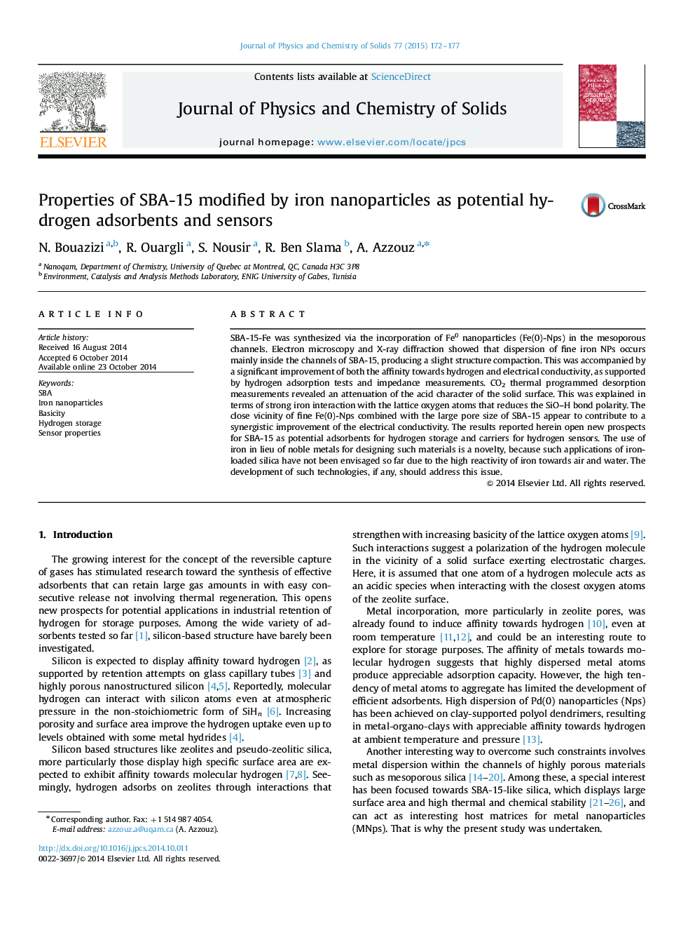 Properties of SBA-15 modified by iron nanoparticles as potential hydrogen adsorbents and sensors