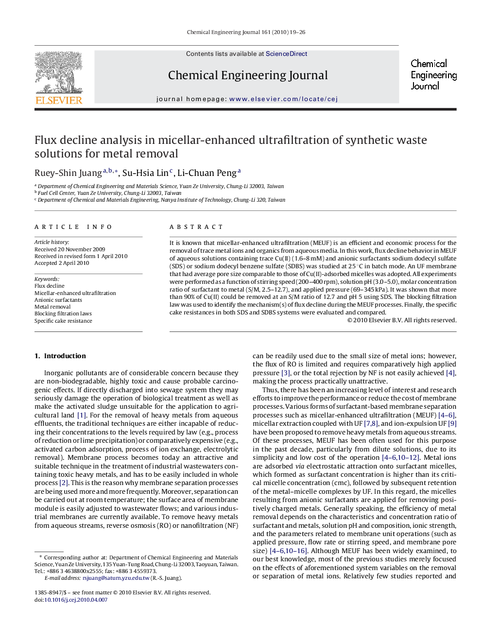 Flux decline analysis in micellar-enhanced ultrafiltration of synthetic waste solutions for metal removal