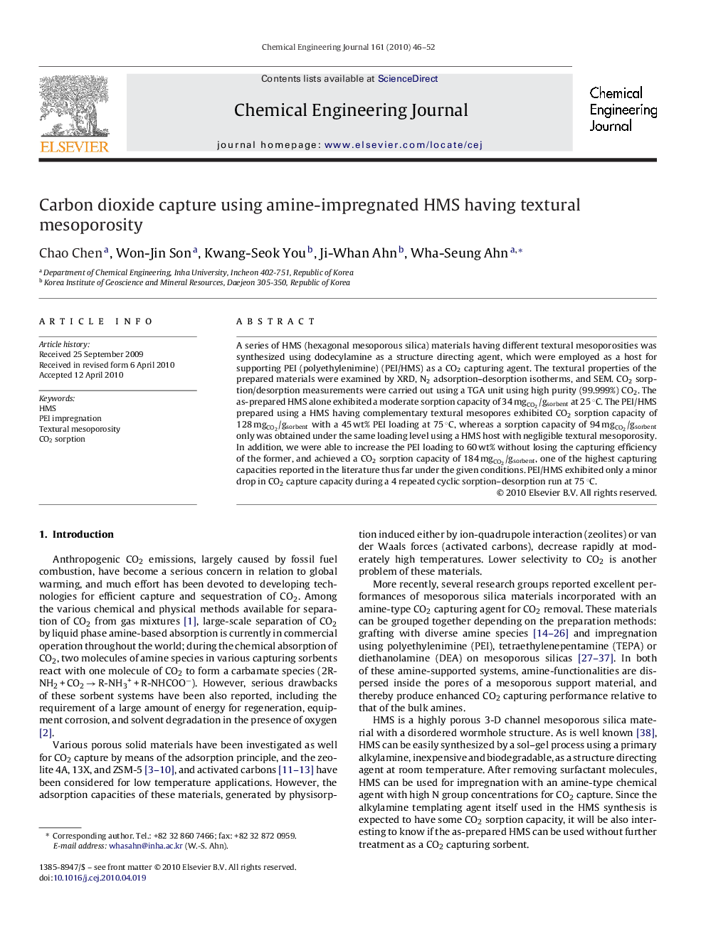 Carbon dioxide capture using amine-impregnated HMS having textural mesoporosity