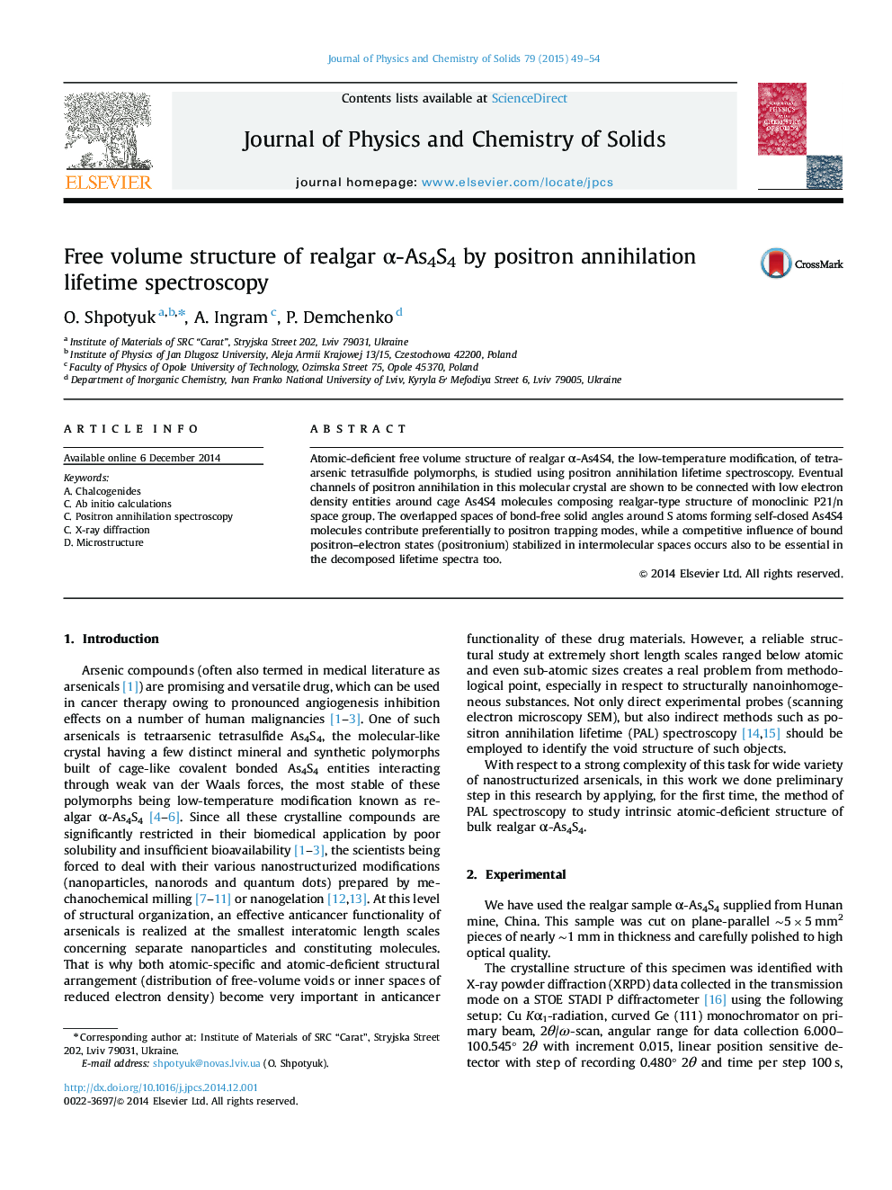 Free volume structure of realgar Î±-As4S4 by positron annihilation lifetime spectroscopy