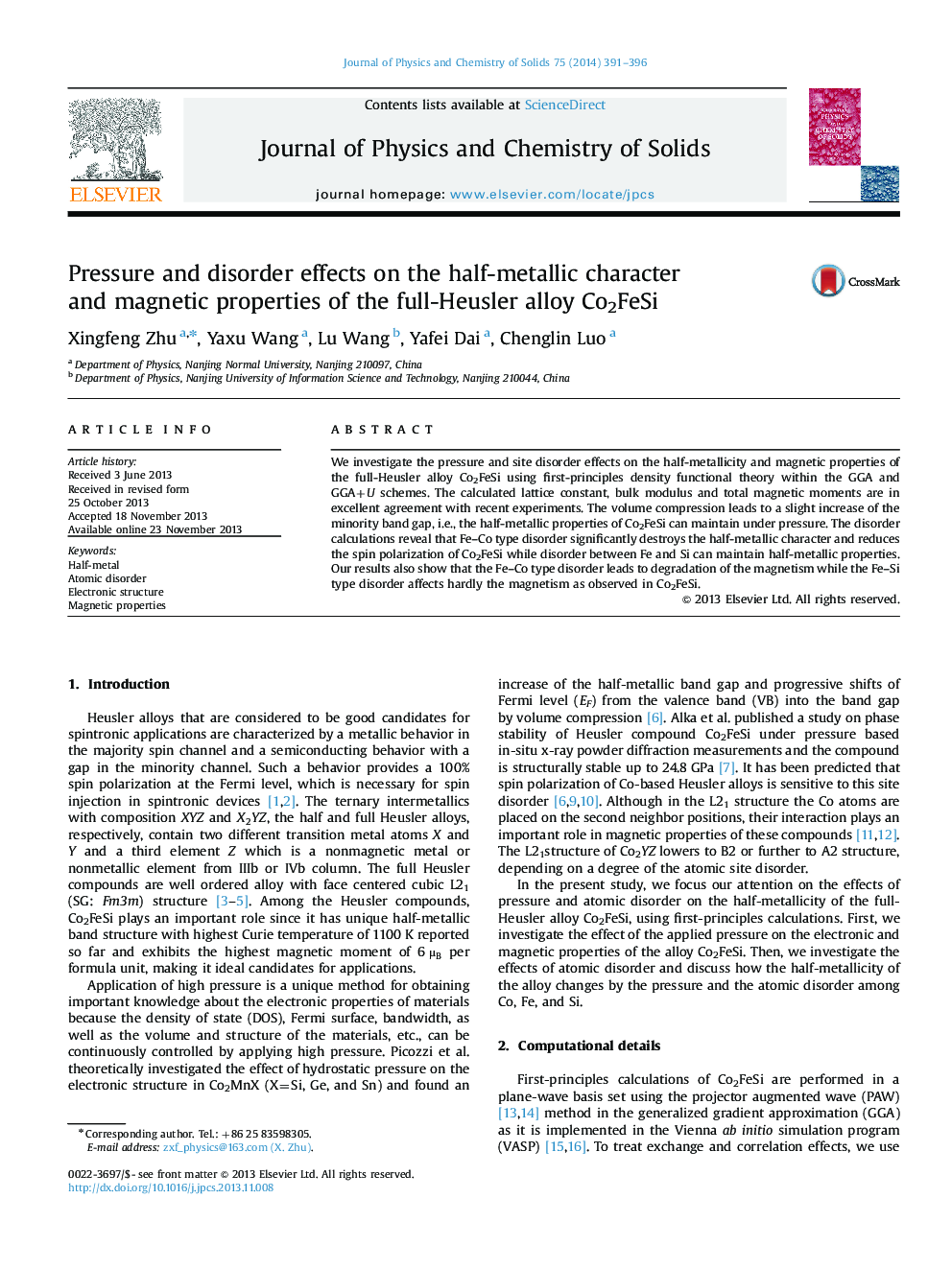 Pressure and disorder effects on the half-metallic character and magnetic properties of the full-Heusler alloy Co2FeSi