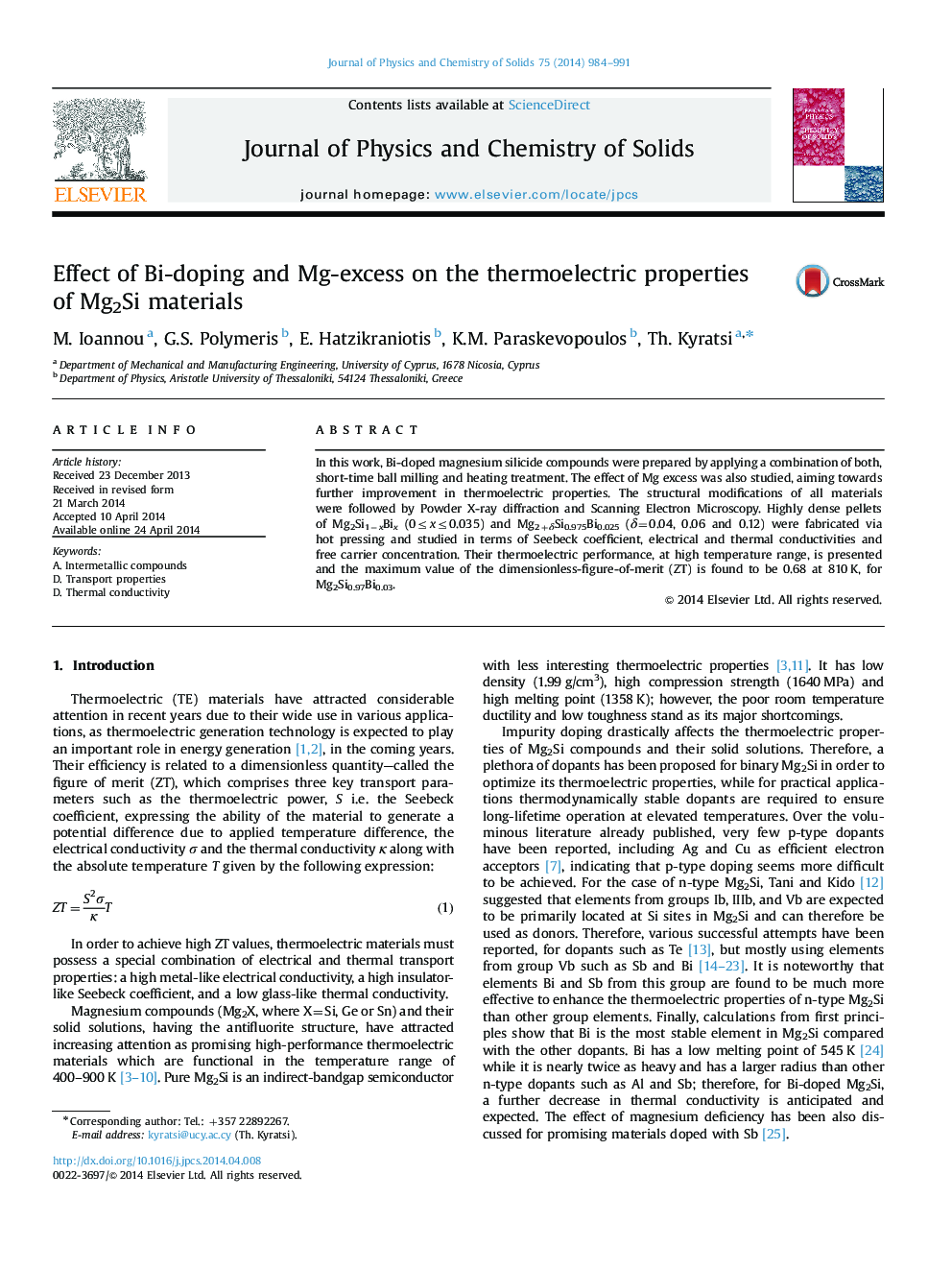 عکس صفحه اول مقاله: Effect of Bi-doping and Mg-excess on the thermoelectric properties of Mg2Si materials Effect of Bi-doping and Mg-excess on the thermoelectric properties of Mg2Si materials