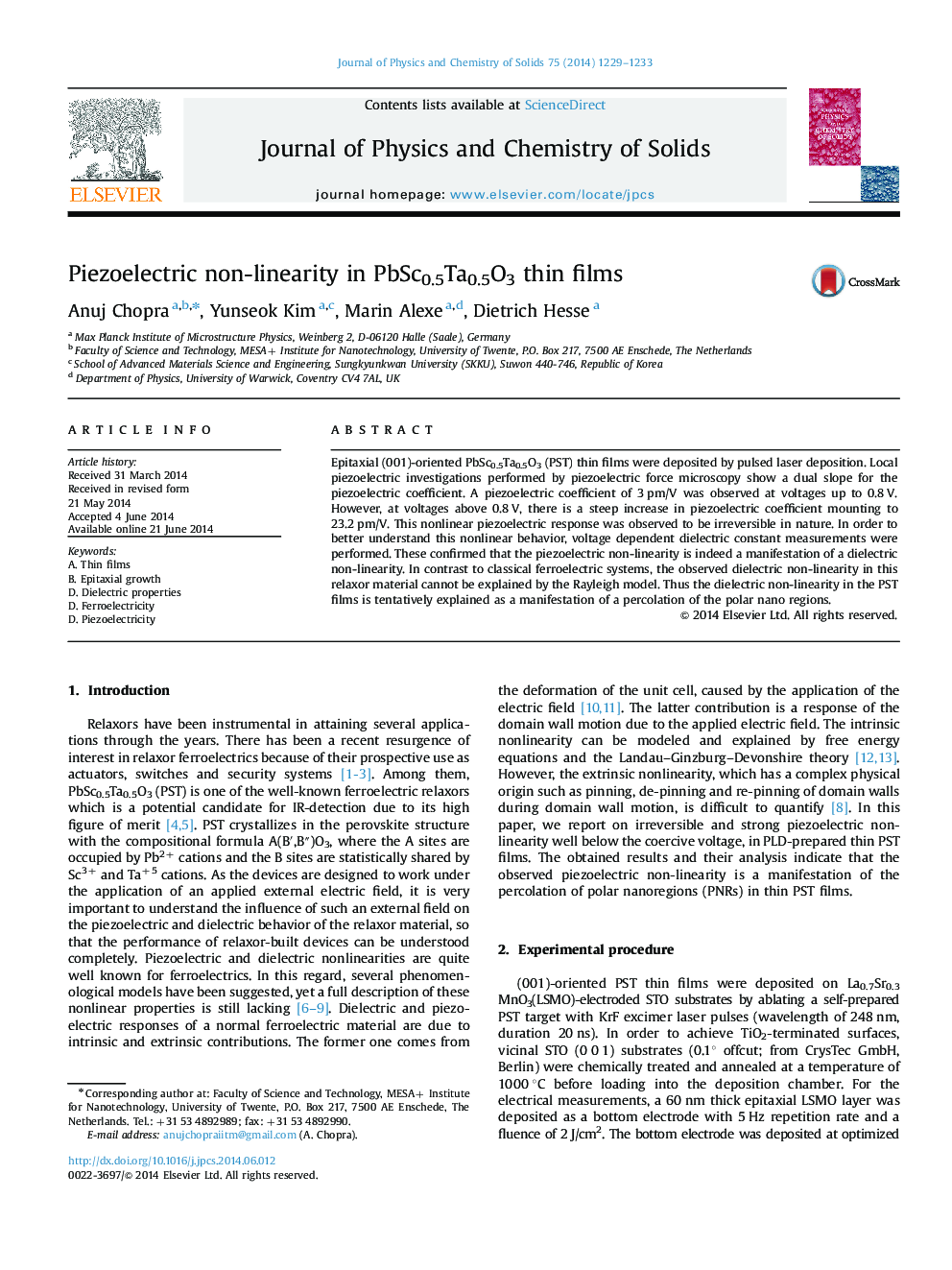 Piezoelectric non-linearity in PbSc0.5Ta0.5O3 thin films