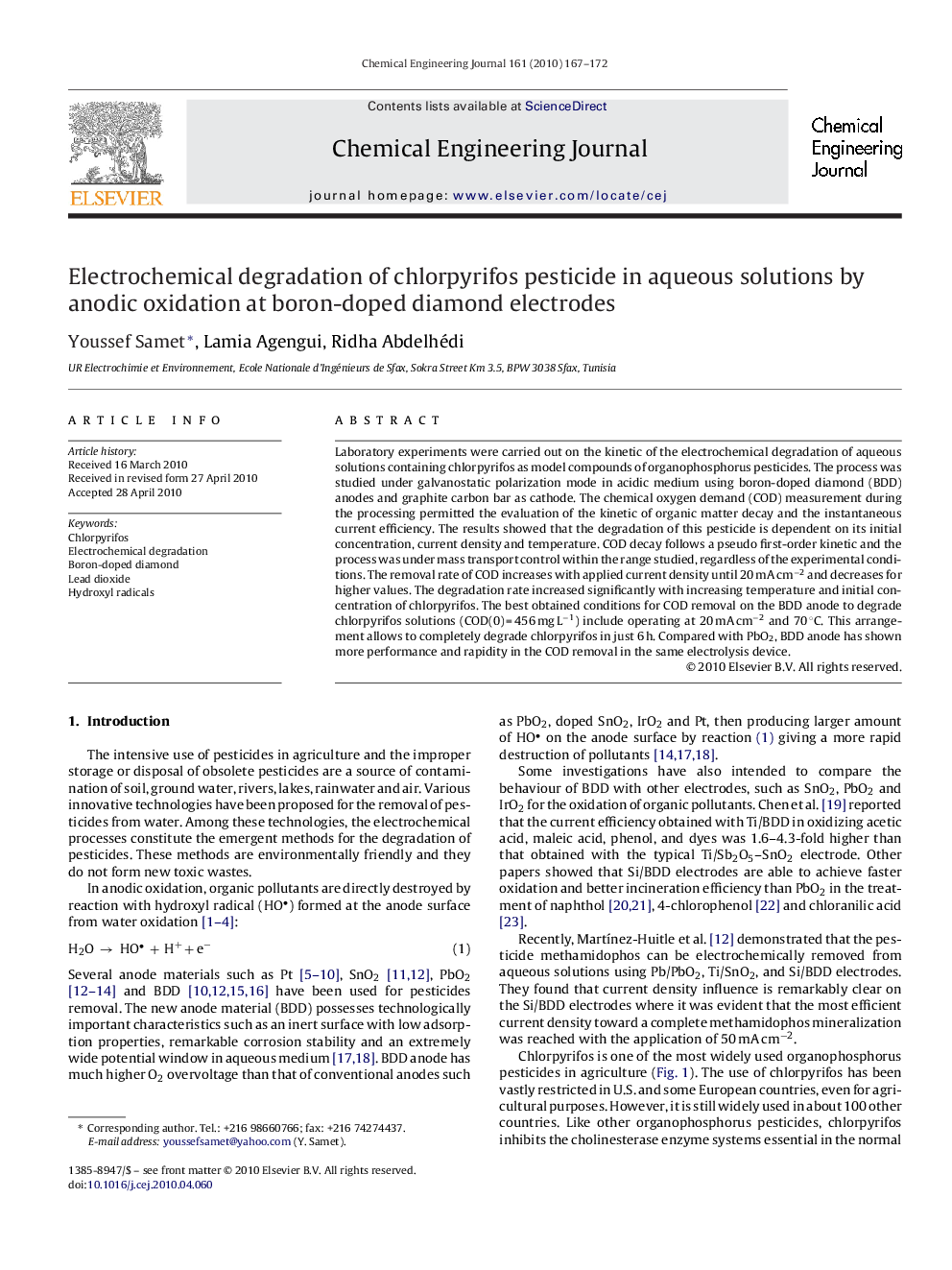 عکس صفحه اول مقاله: Electrochemical degradation of chlorpyrifos pesticide in aqueous solutions by anodic oxidation at boron-doped diamond electrodes Electrochemical degradation of chlorpyrifos pesticide in aqueous solutions by anodic oxidation at boron-doped diamond electrodes