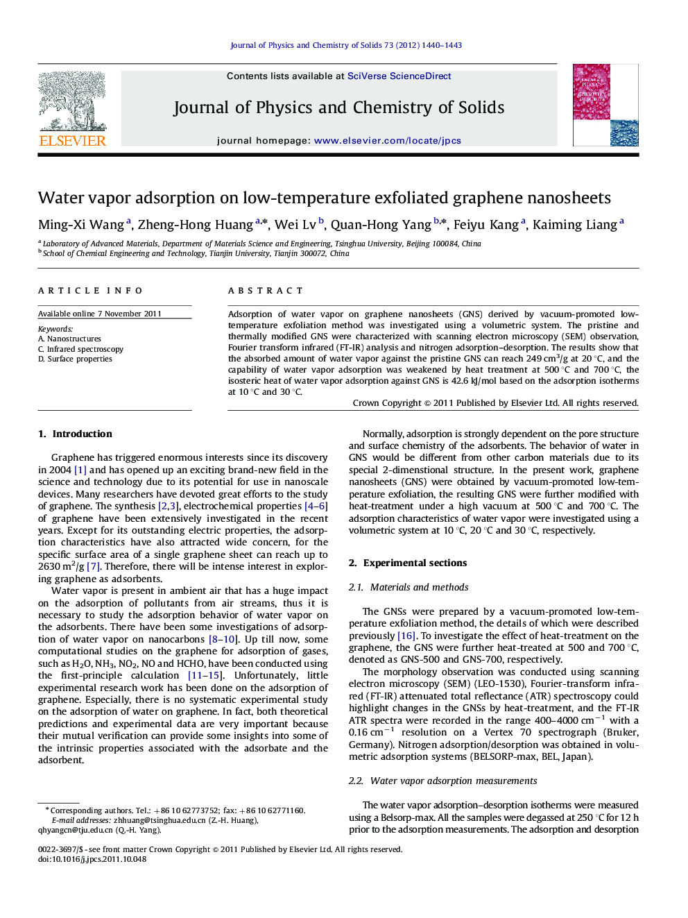 Water vapor adsorption on low-temperature exfoliated graphene nanosheets