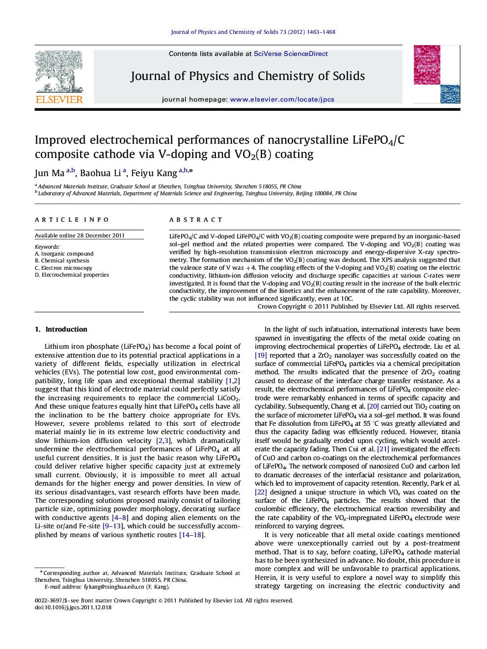 Improved electrochemical performances of nanocrystalline LiFePO4/C composite cathode via V-doping and VO2(B) coating