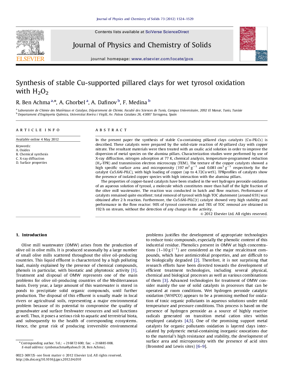 Synthesis of stable Cu-supported pillared clays for wet tyrosol oxidation with H2O2